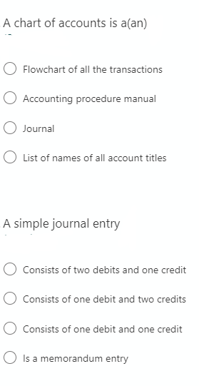 A chart of accounts is a(an)
Flowchart of all the transactions
O Accounting procedure manual
O Journal
O List of names of all account titles
A simple journal entry
Consists of two debits and one credit
Consists of one debit and two credits
Consists of one debit and one credit
O Is a memorandum entry
