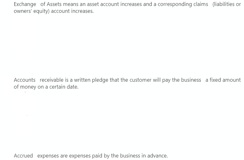 Exchange of Assets means an asset account increases and a corresponding claims (liabilities or
owners' equity) account increases.
Accounts receivable is a written pledge that the customer will pay the business a fixed amount
of money on a certain date.
Accrued expenses are expenses paid by the business in advance.
