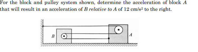 For the block and pulley system shown, determine the acceleration of block A
that will result in an acceleration of B relative to A of 12 cm/s2 to the right.
BO