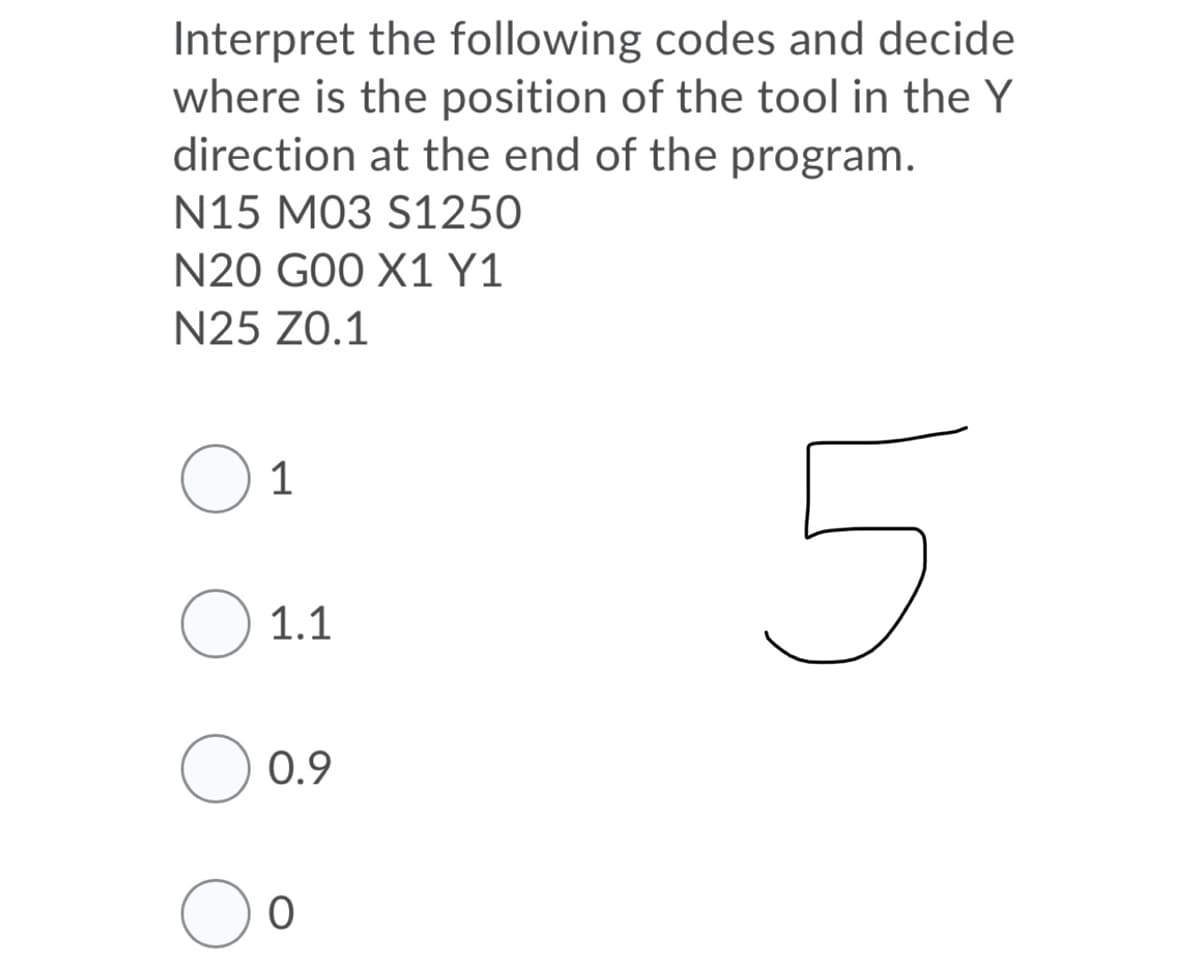 Interpret the following codes and decide
where is the position of the tool in the Y
direction at the end of the program.
N15 M03 S1250
N20 GOO X1 Y1
N25 Z0.1
O 1
O 1.1
O 0.9
