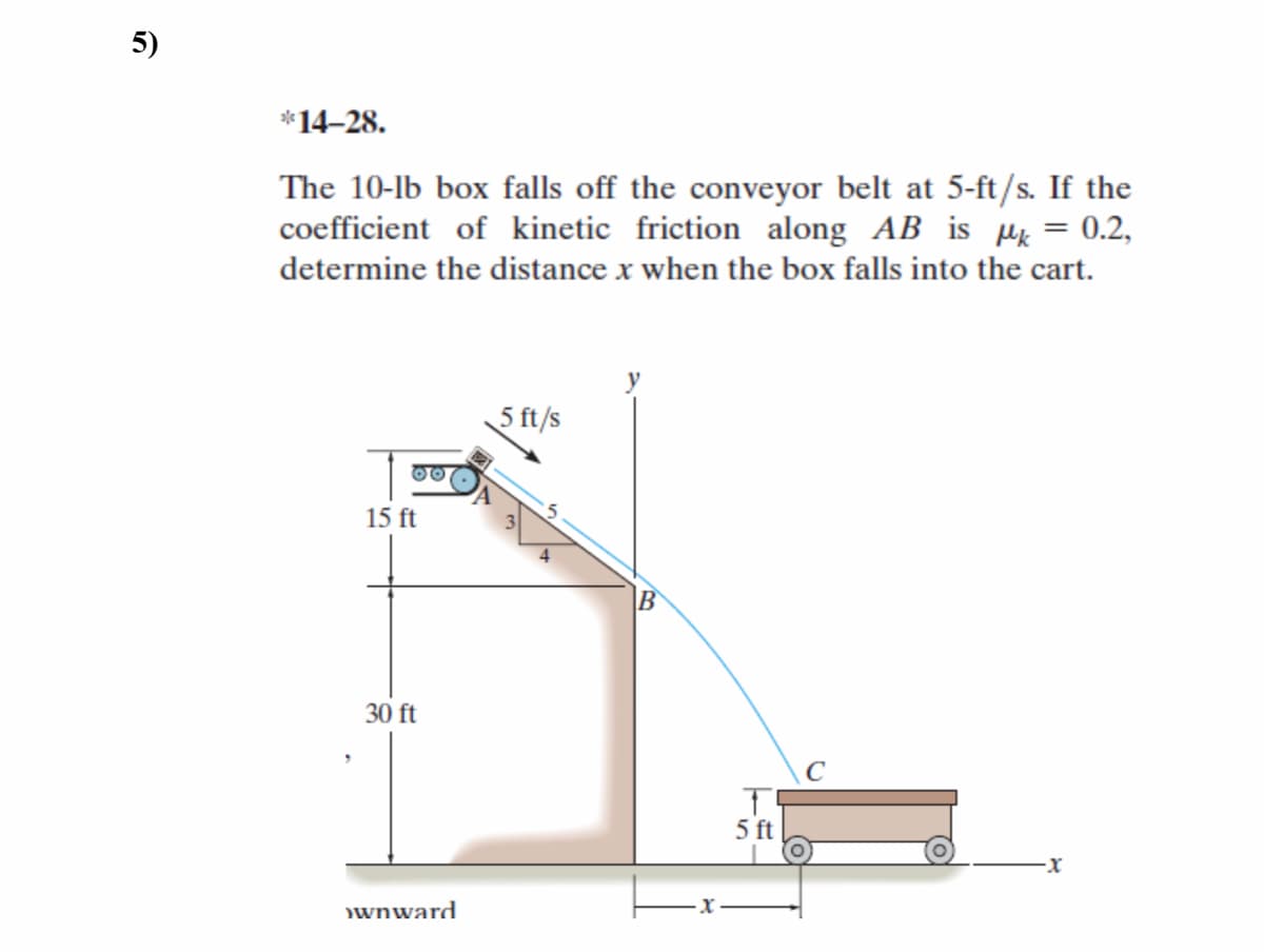 5)
*14-28.
The 10-lb box falls off the conveyor belt at 5-ft/s. If the
coefficient of kinetic friction along AB is µ = 0.2,
determine the distance x when the box falls into the cart.
5 ft/s
15 ft
B
30 ft
5 ft
wnward
