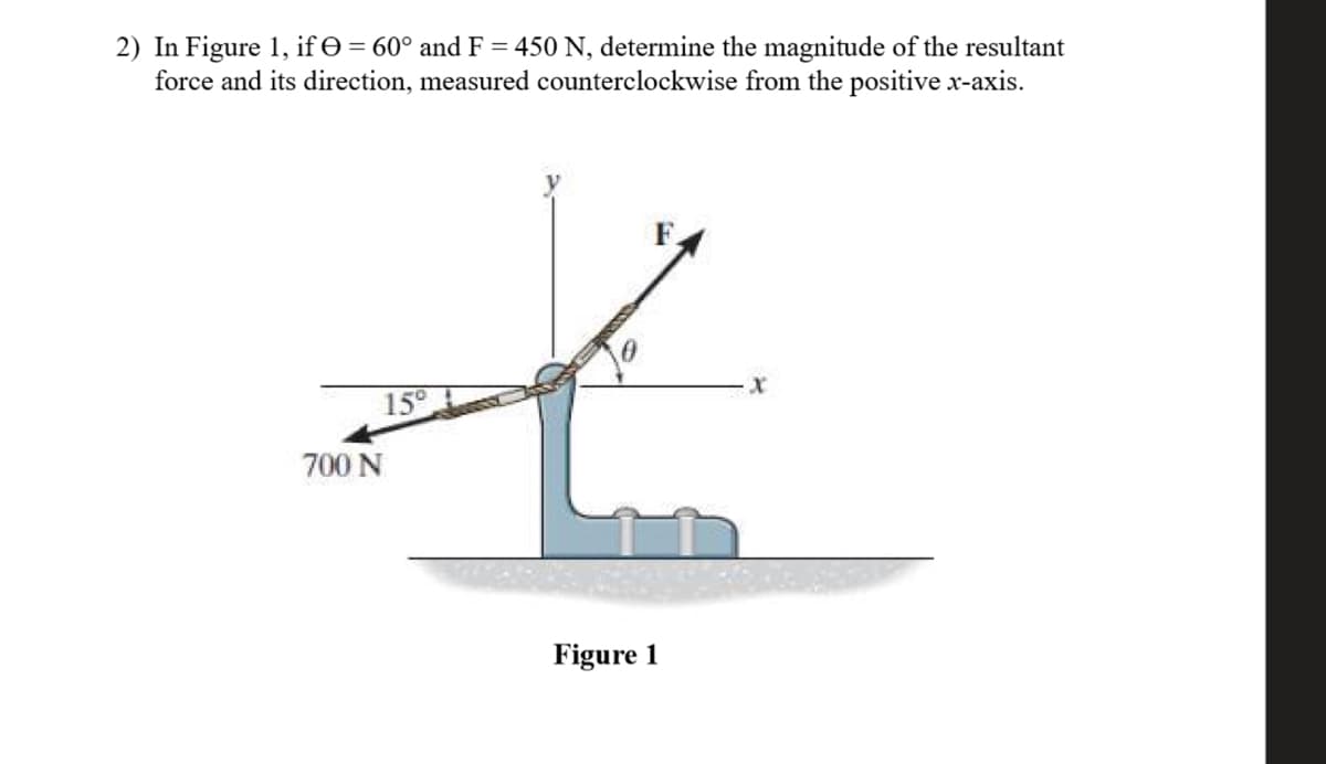 2) In Figure 1, if e= 60° and F = 450 N, determine the magnitude of the resultant
force and its direction, measured counterclockwise from the positive x-axis.
F.
15°
700 N
Figure 1
