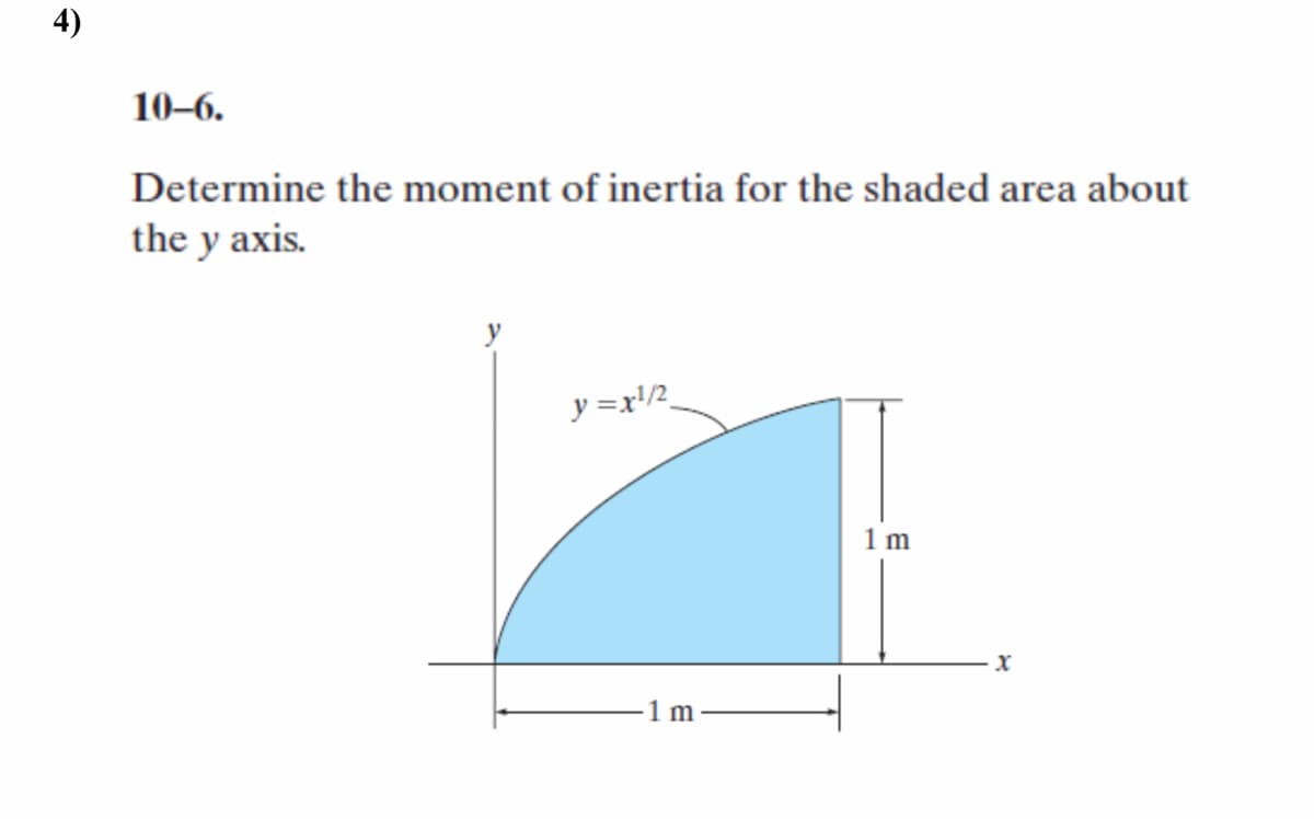 4)
10–6.
Determine the moment of inertia for the shaded area about
the y axis.
y =x!/2_
1 m
-1 m
