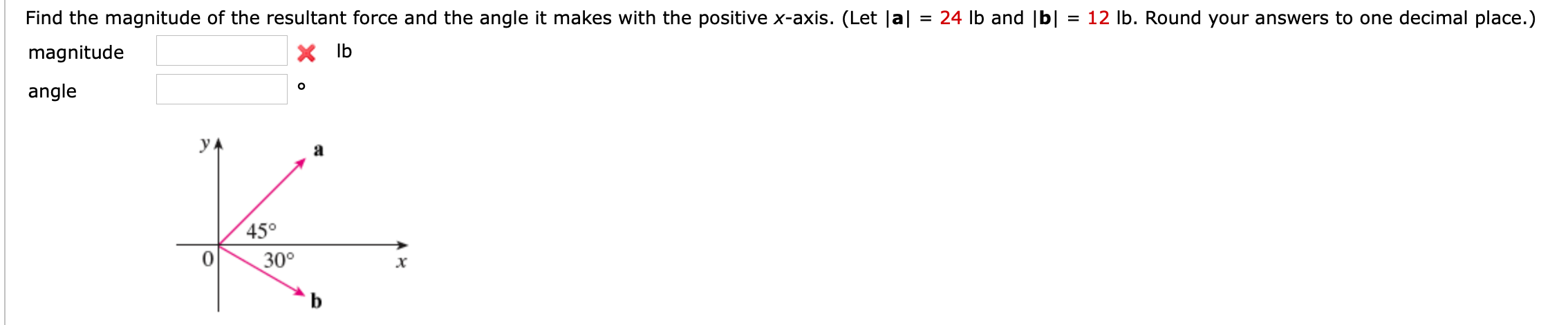 Find the magnitude of the resultant force and the angle it makes with the positive x-axis. (Let |a| = 24 lb and |b||
12 lb. Round your answers to one decimal place.)
%3D
%D
magnitude
X Ib
angle
45°
30°
b
