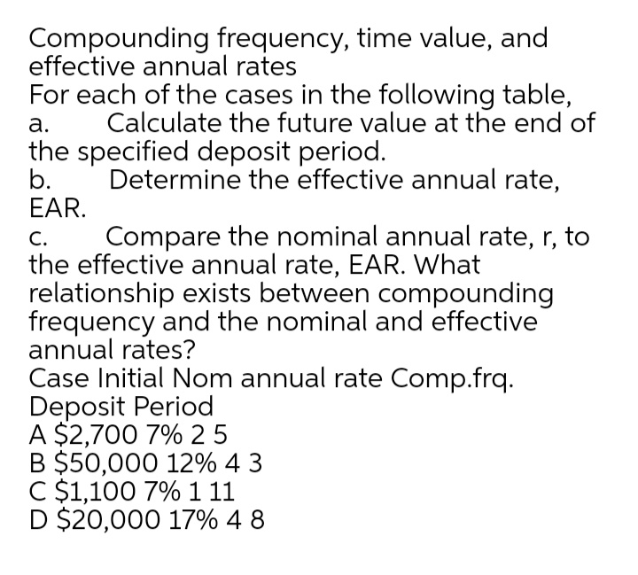 Compounding frequency, time value, and
effective annual rates
For each of the cases in the following table,
а.
Calculate the future value at the end of
the specified deposit period.
b.
EAR.
Determine the effective annual rate,
С.
Compare the nominal annual rate, r, to
the effective annual rate, EAR. What
relationship exists between compounding
frequency and the nominal and effective
annual rates?
Case Initial Nom annual rate Comp.frq.
Deposit Period
A $2,700 7% 25
B $50,000 12% 4 3
C $1,100 7% 1 11
D $20,000 17% 4 8
