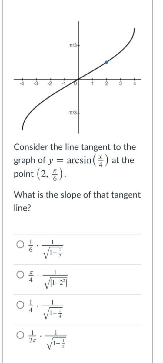 TT/3-
-TT/3-
Consider the line tangent to the
graph of y = arcsin() at the
point (2, ).
What is the slope of that tangent
line?
1
2л
