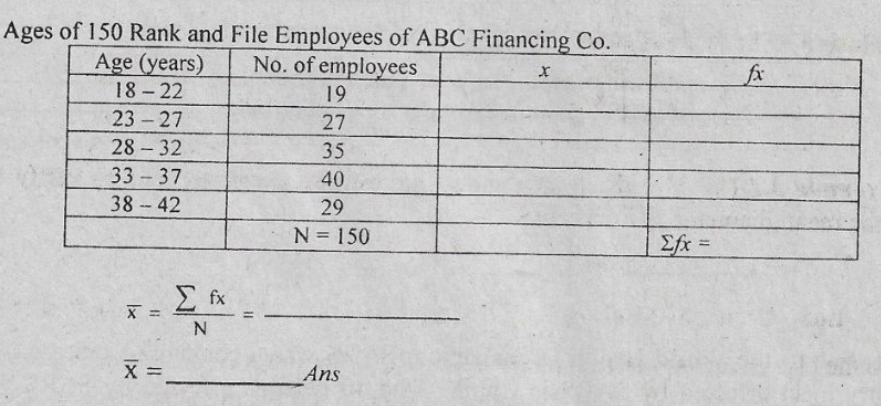 Ages of 150 Rank and File Employees of ABC Financing Co.
No. of employees
Age (years)
fx
18 - 22
19
23 27
27
-
28 - 32
35
33 37
40
38 42
29
N 150
Efx =
%3D
E fx
X =
X =
Ans
