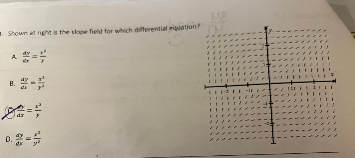 4. Shown at right is the slope field for which differential equation?
A. 2
B.
1801
=
dx
y
D.
d
히 증
||
(1
11
1 1-2 | | -1/
ㅣㅣㅣ
111
||
/1/ / | 2 / 1
X
||||
||||
1 1 1
1
/