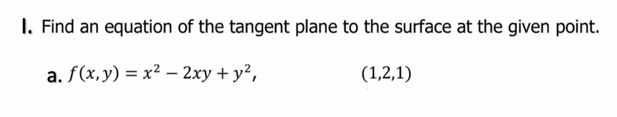 I. Find an equation of the tangent plane to the surface at the given point.
a. f(x,y) = x² – 2xy + y²,
(1,2,1)
