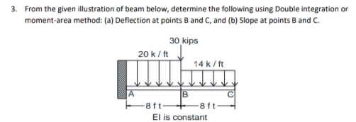 3. From the given illustration of beam below, determine the following using Double integration or
moment-area method: (a) Deflection at points B and C, and (b) Slope at points B and C.
30 kips
20 k / ft
14 k/ ft
8ft-
8 ft
El is constant
