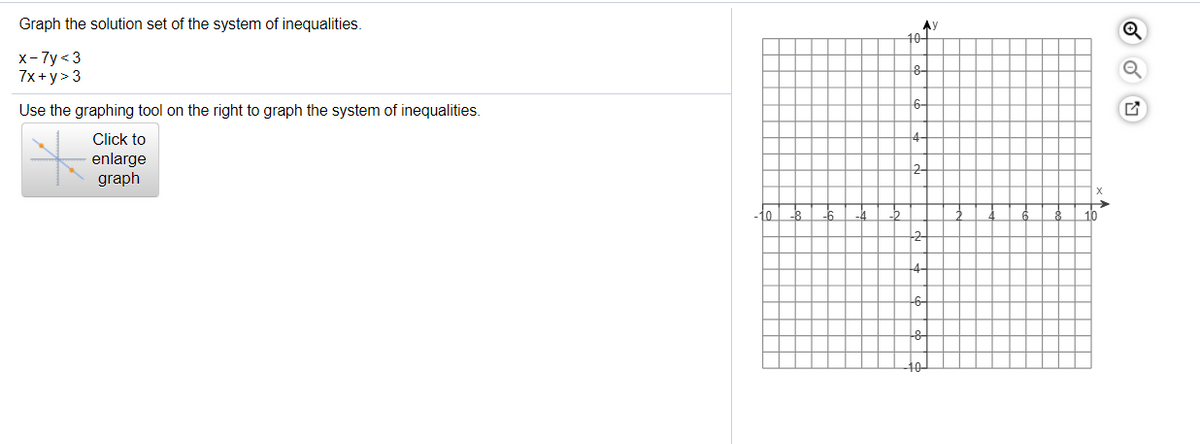 Graph the solution set of the system of inequalities.
AY
10-
х-7у < 3
7x +y>3
8-
Use the graphing tool on the right to graph the system of inequalities.
Click to
enlarge
graph
10
-6
10
