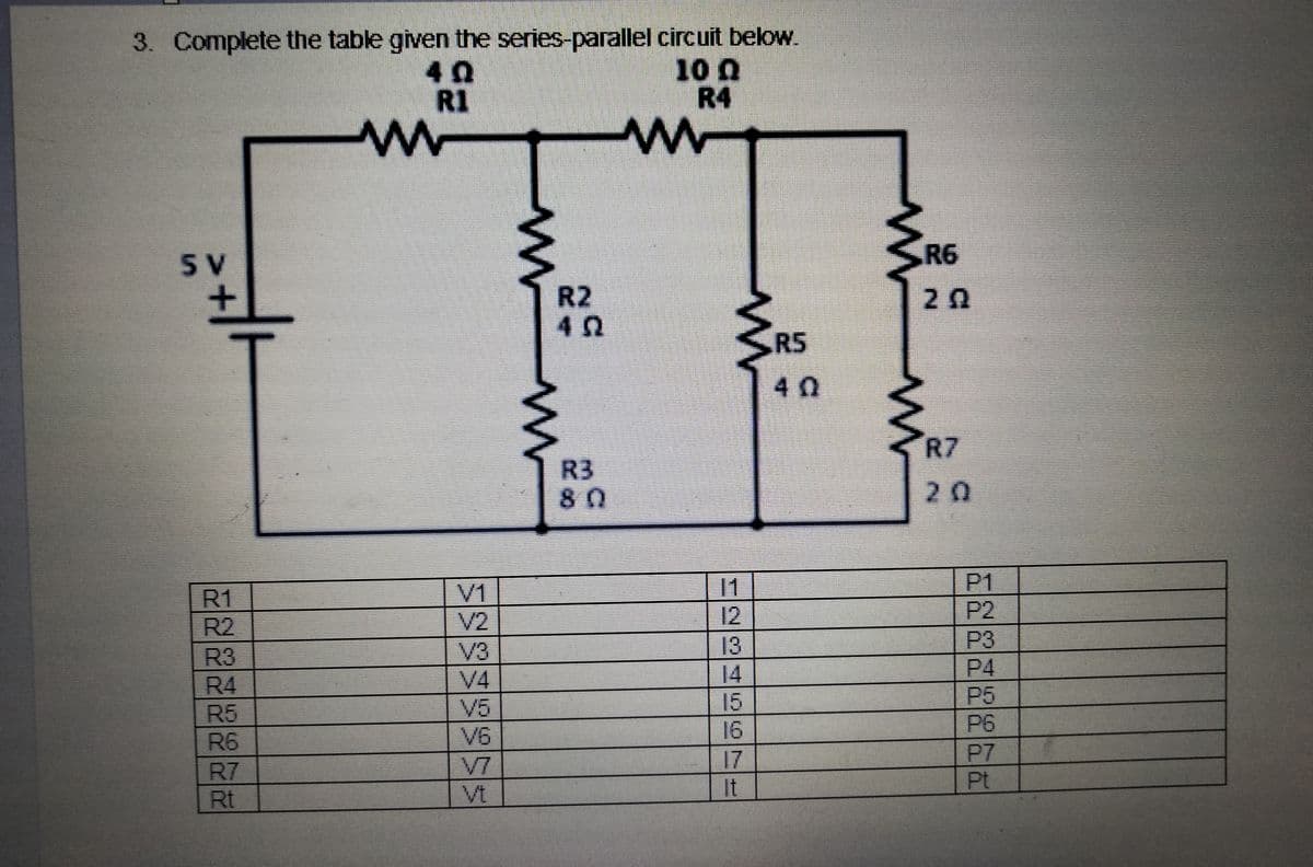 3. Complete the table given the series-parallel circuit below.
40
10 Q
R1
R4
m
M
SV
+
R1
R2
R4
R5
R6
R7
Rt
V6
Vt
w
R2
402
ww
R3
801
ww
12
13
14
15
16
17
It
R5
40
ww
R6
20
ww
R7
P2
P3
P4
P5
P6
P7
Pt