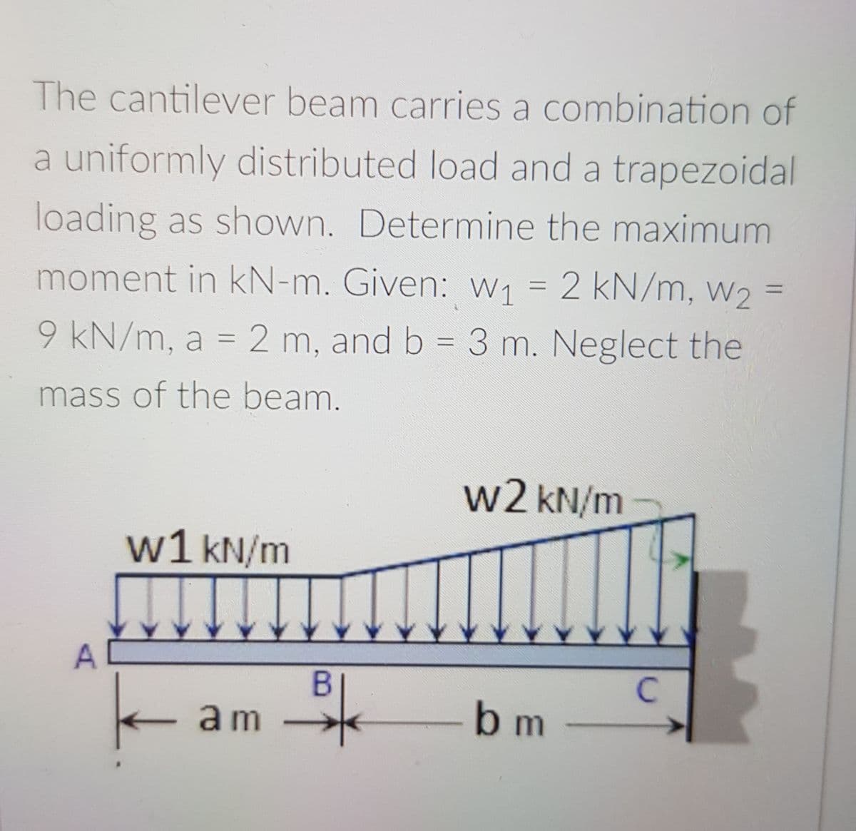 The cantilever beam carries a combination of
a uniformly distributed load and a trapezoidal
loading as shown. Determine the maximum
moment in kN-m. Given: W1 = 2 kN/m, w2
%3D
9kN/m, a = 2 m, and b = 3 m. Neglect the
mass of the beam.
w2 kN/m
w1 kN/m
am
m
A.
