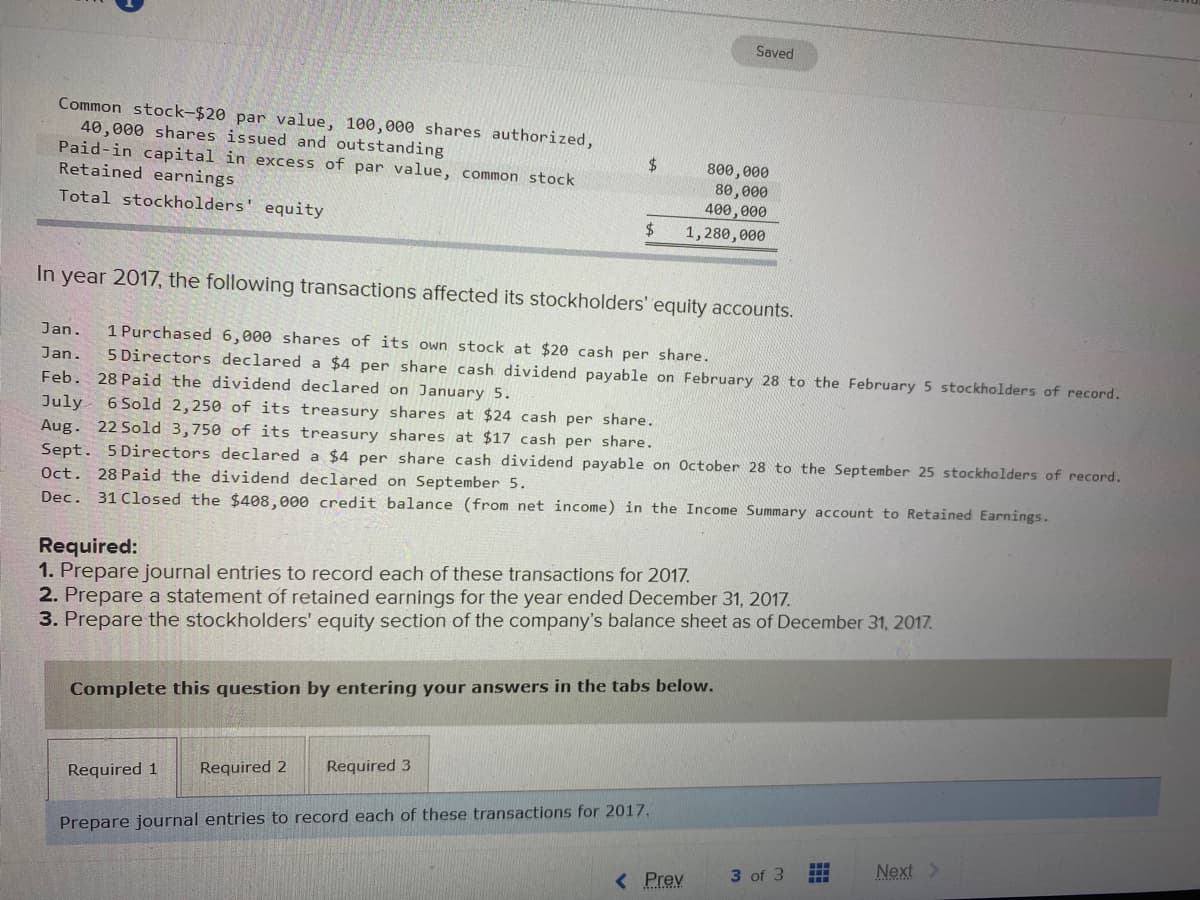 Saved
Common stock-$20 par value, 100,000 shares authorized,
40,000 shares issued and outstanding
Paid-in capital in excess of par value, common stock
Retained earnings
2$
800,000
80,000
400,000
Total stockholders' equity
2$
1,280,000
In year 2017, the following transactions affected its stockholders' equity accounts.
1 Purchased 6,000 shares of its own stock at $20 cash per share.
5 Directors declared a $4 per share cash dividend payable on February 28 to the February 5 stockholders of record.
Jan.
Jan.
Feb. 28 Paid the dividend declared on January 5.
6 Sold 2,250 of its treasury shares at $24 cash per share.
July
Aug. 22 Sold 3,750 of its treasury shares at $17 cash per share.
Sept. 5 Directors declared a $4 per share cash dividend payable on October 28 to the September 25 stockholders of record.
Oct. 28 Paid the dividend declared on September 5.
Dec. 31 Closed the $408,000 credit balance (from net income) in the Income Summary account to Retained Earnings.
Required:
1. Prepare journal entries to record each of these transactions for 2017.
2. Prepare a statement of retained earnings for the year ended December 31, 2017.
3. Prepare the stockholders' equity section of the company's balance sheet as of December 31, 2017.
Complete this question by entering your answers in the tabs below.
Required 2
Required 3
Required 1
Prepare journal entries to record each of these transactions for 2017.
中
Next >
3 of 3
< Prev
