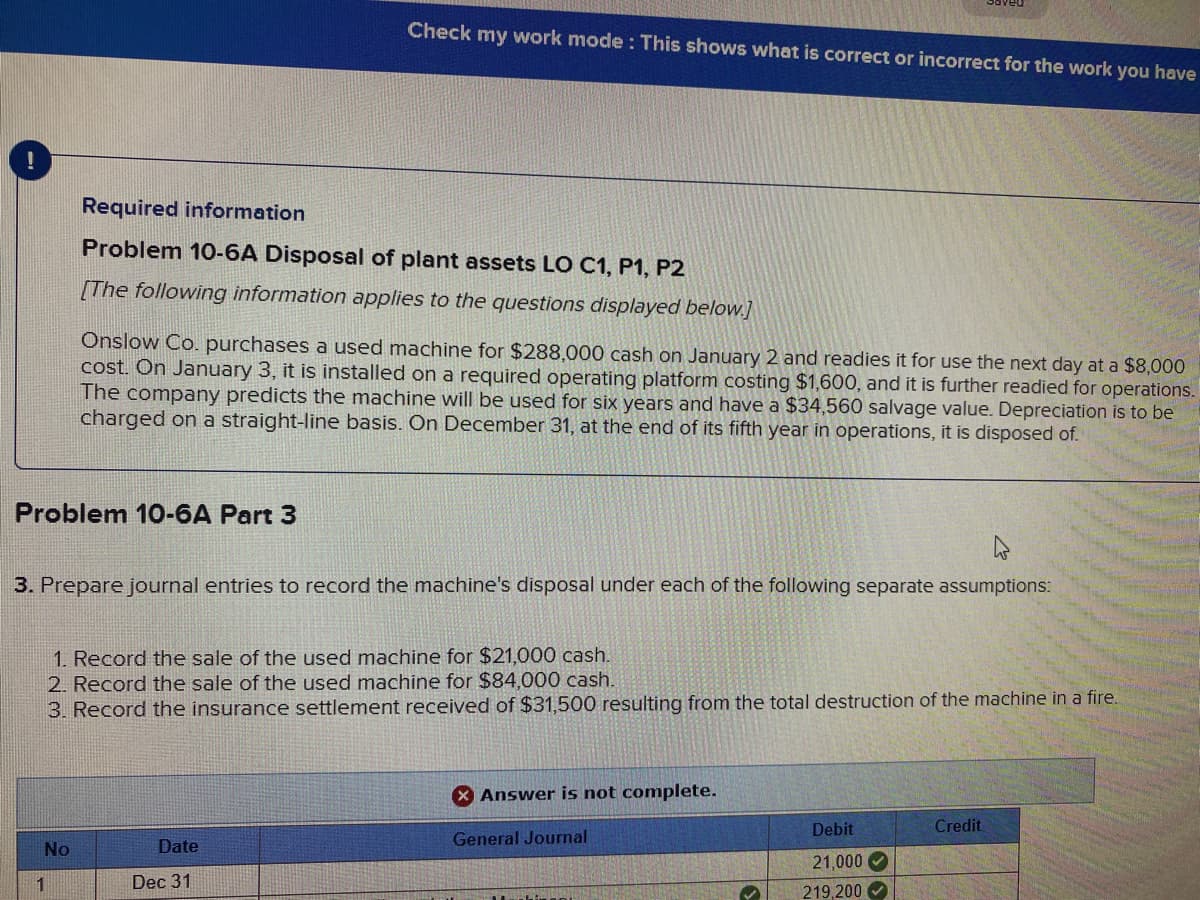 Check my work mode : This shows what is correct or incorrect for the work you have
Required information
Problem 10-6A Disposal of plant assets LO C1, P1, P2
[The following information applies to the questions displayed below]
Önslow Co. purchases a used machine for $288,000 cash on January 2 and readies it for use the next day at a $8,000
cost. On January 3, it is installed on a required operating platform costing $1,600, and it is further readied for operations.
The company predicts the machine will be used for six years and have a $34,560 salvage value. Depreciation is to be
charged on a straight-line basis. On December 31, at the end of its fifth year in operations, it is disposed of.
Problem 10-6A Part 3
3. Prepare journal entries to record the machine's disposal under each of the following separate assumptions:
1. Record the sale of the used machine for $21,000 cash.
2. Record the sale of the used machine for $84,000 cash.
3. Record the insurance settlement received of $31,500 resulting from the total destruction of the machine in a fire.
Answer is not complete.
Debit
Credit
General Journal
No
Date
21,000
1
Dec 31
219,200
