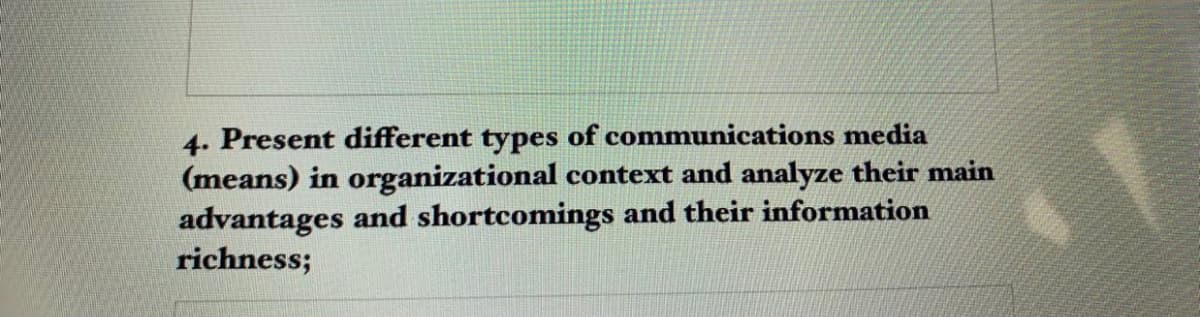 4. Present different types of communications media
(means) in organizational context and analyze their main
advantages and shortcomings and their information
richness;
