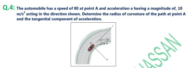 Q.4: The automobile has a speed of 80 at point A and acceleration a having a magnitude of, 10
m/s' acting in the direction shown. Determine the radius of curvature of the path at point A
and the tangential component of acceleration.
30
ASSAN
