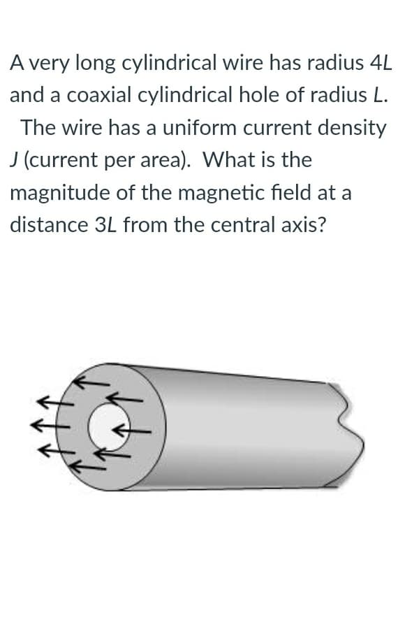 A very long cylindrical wire has radius 4L
and a coaxial cylindrical hole of radius L.
The wire has a uniform current density
J (current per area). What is the
magnitude of the magnetic field at a
distance 3L from the central axis?
