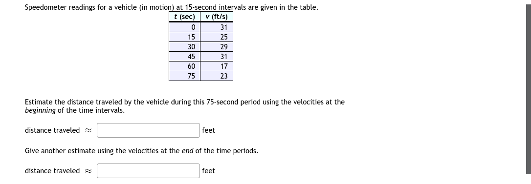 Speedometer readings for a vehicle (in motion) at 15-second intervals are given in the table.
t (sec)
v (ft/s)
31
15
25
30
29
45
31
60
17
75
23
Estimate the distance traveled by the vehicle during this 75-second period using the velocities at the
beginning of the time intervals.
distance traveled 2
feet
Give another estimate using the velocities at the end of the time periods.
distance traveled
feet
