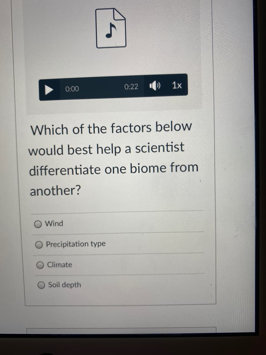 0:00
0:22
) 1x
Which of the factors below
would best help a scientist
differentiate one biome from
another?
Wind
Precipitation type
Climate
Soil depth
