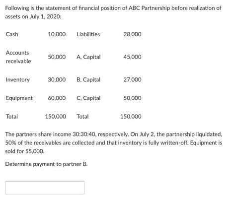 Following is the statement of financial position of ABC Partnership before realization of
assets on July 1, 2020:
Cash
10,000 Liabilities
28,000
Accounts
50,000 A, Capital
45,000
receivable
Inventory
30,000
B, Capital
27,000
Equipment
60,000 C, Capital
50,000
Total
150,000
Total
150,000
The partners share income 30:30:40, respectively. On July 2, the partnership liquidated,
50% of the receivables are collected and that inventory is fully written-off. Equipment is
sold for 55,000.
Determine payment to partner B.
