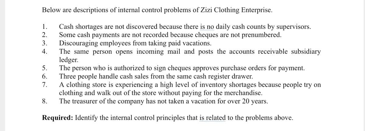 Below are descriptions of internal control problems of Zizi Clothing Enterprise.
Cash shortages are not discovered because there is no daily cash counts by supervisors.
Some cash payments are not recorded because cheques are not prenumbered.
Discouraging employees from taking paid vacations.
4.
1.
2.
3.
The same person opens incoming mail and posts the accounts receivable subsidiary
ledger.
5.
The person who is authorized to sign cheques approves purchase orders for payment.
Three people handle cash sales from the same cash register drawer.
A clothing store is experiencing a high level of inventory shortages because people try on
clothing and walk out of the store without paying for the merchandise.
The treasurer of the company has not taken a vacation for over 20 years.
6.
7.
8.
Required: Identify the internal control principles that is related to the problems above.
. ... .... ........ .......
