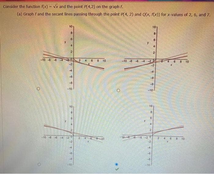 Consider the function f(x) = vx and the point (4,2) on the graph f.
(a) Graph fand the secant lines passing through the point P(4, 2) and Q(x, f(x)) for x-values of 2, 6, and 7.
10
8
O
NO
9
9999원
499
24
현
2
19
2
-10-
2 4
6
8
10