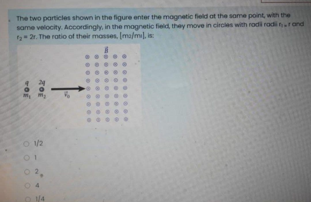 The two particles shown in the figure enter the magnetic field at the same point, with the
same velocity. Accordingly, in the magnetic field, they move in circles with radii radii n-r and
r2 2r. The ratio of their masses, [m2/mi], is:
O O 0
24
1/2
O4
O 1/4
O 0 O O O 0 0 0 O
O 0 O O O O O 0 O
tmo O O O 0 0 0 O O
O 0 0 0 O O 0 O
O 0 0 0 O 0 0 0 O
