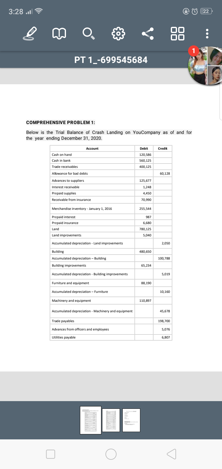 3:28 .l ?
22
88
PT 1_-699545684
COMPREHENSIVE PROBLEM 1:
Below is the Trial Balance of Crash Landing on YouCompany as of and for
the year ending December 31, 2020.
Account
Debit
Credit
Cash on hand
120,586
Cash in bank
560,125
Trade receivables
400,125
Allowance for bad debts
60,128
Advances to suppliers
125,677
Interest receivable
1,248
Prepaid supplies
4,450
Receivable from insurance
70,990
Merchandise inventory - January 1, 2016
255,544
Prepaid interest:
987
Prepaid insurance
6,680
Land
780,125
Land improvements
5,040
Accumulated depreciation - Land improvements
2,050
Building
480,650
Accumulated depreciation - Building
100,788
Building improvements
65,234
Accumulated depreciation - Building improvements
5,019
Furniture and equipment
88,190
Accumulated depreciation - Furniture
10,160
Machinery and equipment
110,897
Accumulated depreciation - Machinery and equipment
45,678
Trade payables
198,700
Advances from officers and employees
5,076
Utilities payable
6,807
...
