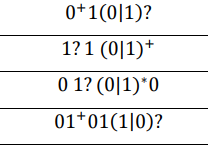 0*1(0|1)?
1?1 (0|1)*
0 1? (0|1)*0
01*01(1|0)?
