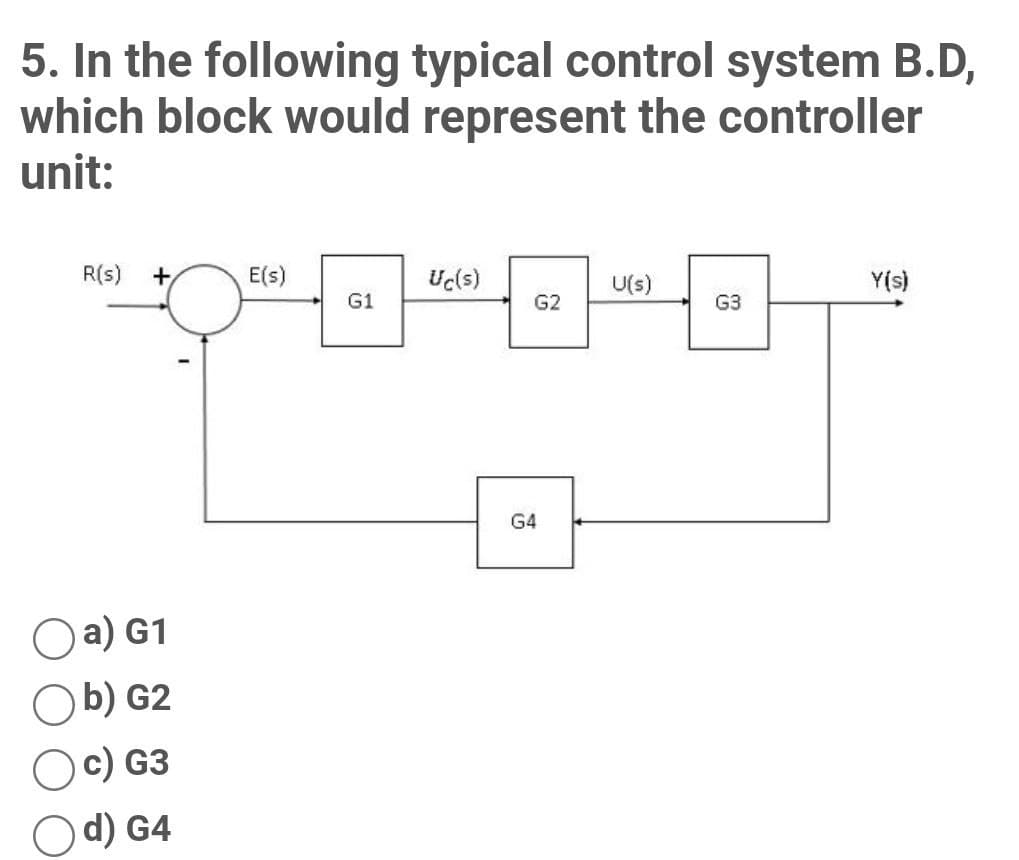 5. In the following typical control system B.D,
which block would represent the controller
unit:
R(s)
E(s)
(s)Pn
G2
Y(s)
+
U(s)
G1
G3
G4
a) G1
b) G2
c) G3
d) G4
