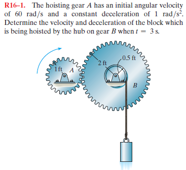 R16–1. The hoisting gear A has an initial angular velocity
of 60 rad/s and a constant deceleration of 1 rad/s².
Determine the velocity and deceleration of the block which
is being hoisted by the hub on gear B when t = 3 s.
0.5 ft
2 ft
1 ft
B
