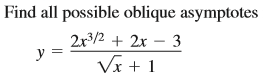 Find all possible oblique asymptotes
2r/2 + 2x – 3
y =
Vx + 1
