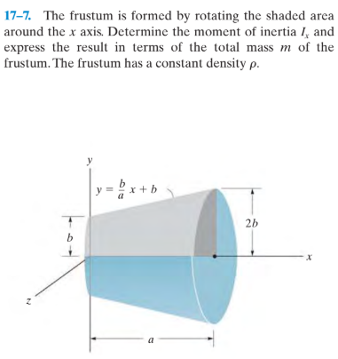 17-7. The frustum is formed by rotating the shaded area
around the x axis. Determine the moment of inertia I, and
express the result in terms of the total mass m of the
frustum. The frustum has a constant density p.
y = 2x + b
26
