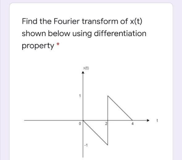 Find the Fourier transform of x(t)
shown below using differentiation
property *
x(t)
