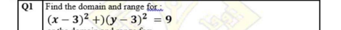 Q1
Find the domain and range for
(x – 3)² +)(y – 3)² = 9
-
