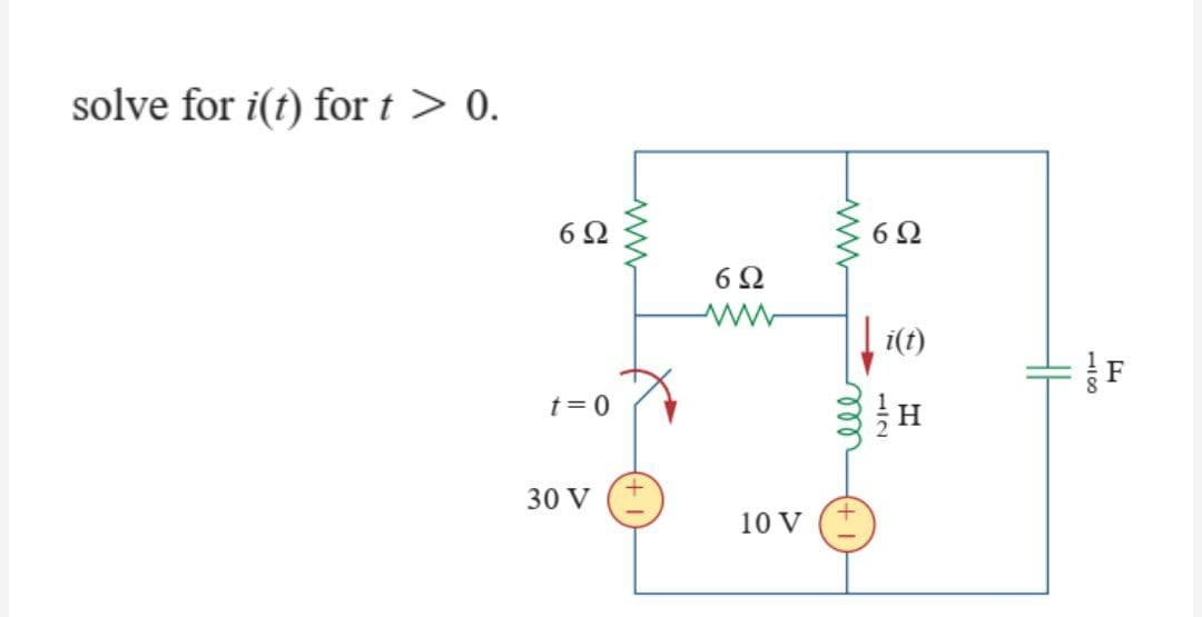 solve for i(t) for t > 0.
6Ω
t = 0
30 V
6Ω
ww
10 V
6Ω
i(t)
Η
Hel
11100
F