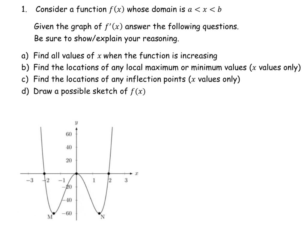 1. Consider a function f(x) whose domain is a < x < b
Given the graph of f'(x) answer the following questions.
Be sure to show/explain your reasoning.
a) Find all values of x when the function is increasing
b) Find the locations of any local maximum or minimum values (x values only)
c) Find the locations of any inflection points (x values only)
d) Draw a possible sketch of f(x)
60
40
20
+2
-1
-20
-3
1
40
-60
M

