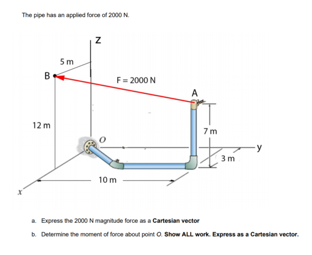 The pipe has an applied force of 2000 N.
5 m
В
F = 2000 N
A
12 m
7 m
3 m
10 m
a. Express the 2000 N magnitude force as a Cartesian vector
b. Determine the moment of force about point O. Show ALL work. Express as a Cartesian vector.
