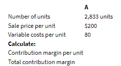 A
Number of units
2,833 units
Sale price per unit
$200
Variable costs per unit
80
Calculate:
Contribution margin per unit
Total contribution margin