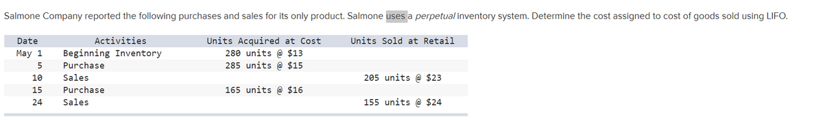 Salmone Company reported the following purchases and sales for its only product. Salmone uses a perpetual inventory system. Determine the cost assigned to cost of goods sold using LIFO.
Units Acquired at Cost
280 units @ $13
285 units @ $15
Date
Activities
Units Sold at Retail
May 1
Beginning Inventory
5
Purchase
10
Sales
205 units @ $23
15
Purchase
165 units @ $16
24
Sales
155 units @ $24
