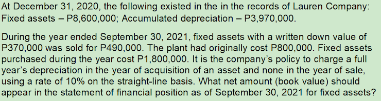 At December 31, 2020, the following existed in the in the records of Lauren Company:
Fixed assets – P8,600,000; Accumulated depreciation – P3,970,000.
During the year ended September 30, 2021, fixed assets with a written down value of
P370,000 was sold for P490,000. The plant had originally cost P800,000. Fixed assets
purchased during the year cost P1,800,000. It is the company's policy to charge a full
year's depreciation in the year of acquisition of an asset and none in the year of sale,
using a rate of 10% on the straight-line basis. What net amount (book value) should
appear in the statement of financial position as of September 30, 2021 for fixed assets?
