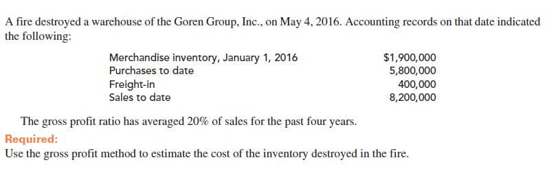 A fire destroyed a warehouse of the Goren Group, Inc., on May 4, 2016. Accounting records on that date indicated
the following:
Merchandise inventory, January 1, 2016
Purchases to date
$1,900,000
5,800,000
Freight-in
Sales to date
400,000
8,200,000
The gross profit ratio has averaged 20% of sales for the past four years.
Required:
Use the gross profit
cost of the inventory destroyed in the fire.
hod to estimate
