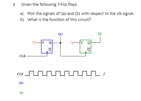 4
Given the following T-Flip flops
a) Plot the signals of Qo and Q1 with respect to the clk signal.
b) What is the function of this circuit?
Qo
T Q
"1"
T
Q
Q
CLK
-▬▬▬▬▬▬r,
CLK
Qo
Q1