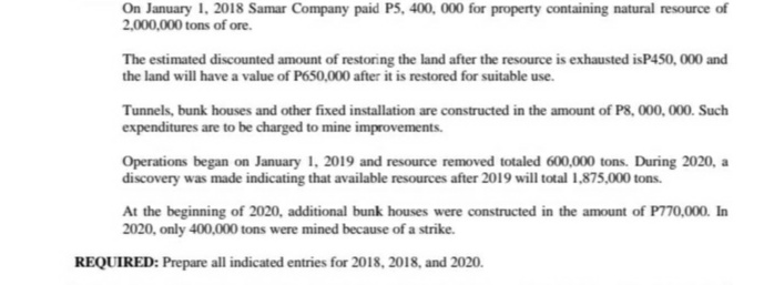 On January 1, 2018 Samar Company paid P5, 400, 000 for property containing natural resource of
2,000,000 tons of ore.
The estimated discounted amount of restoring the land after the resource is exhausted isP450, 000 and
the land will have a value of P650,000 after it is restored for suitable use.
Tunnels, bunk houses and other fixed installation are constructed in the amount of P8, 000, 000. Such
expenditures are to be charged to mine improvements.
Operations began on January 1, 2019 and resource removed totaled 600,000 tons. During 2020, a
discovery was made indicating that available resources after 2019 will total 1,875,000 tons.
At the beginning of 2020, additional bunk houses were constructed in the amount of P770,000. In
2020, only 400,000 tons were mined because of a strike.
REQUIRED: Prepare all indicated entries for 2018, 2018, and 2020.
