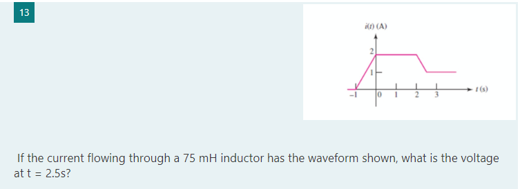 13
i(1) (A)
I (s)
If the current flowing through a 75 mH inductor has the waveform shown, what is the voltage
at t = 2.5s?
