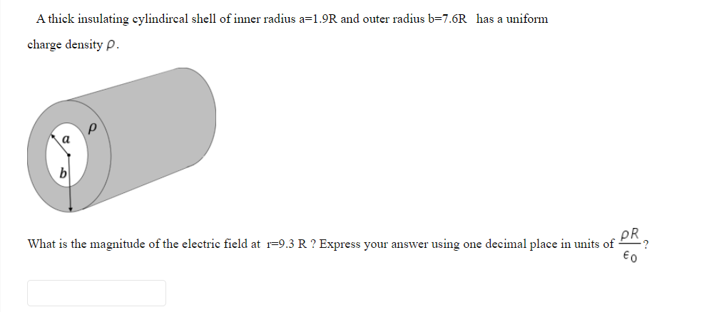 A thick insulating cylindircal shell of inner radius a=1.9R and outer radius b=7.6R has a uniform
charge density p.
What is the magnitude of the electric field at r=9.3 R ? Express your answer using one decimal place in units of
PR
€0
