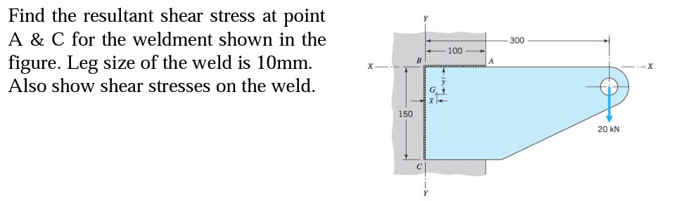 Find the resultant shear stress at point
A & C for the weldment shown in the
figure. Leg size of the weld is 10mm.
Also show shear stresses on the weld.
-300
100
B
G,
150
20 kN
