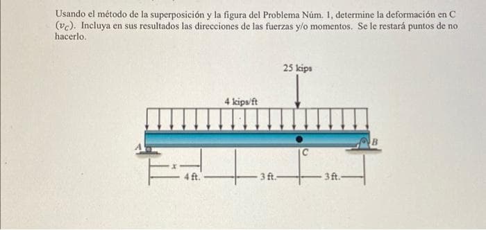 Usando el método de la superposición y la figura del Problema Núm. 1, determine la deformación en C
(vc). Incluya en sus resultados las direcciones de las fuerzas y/o momentos. Se le restará puntos de no
hacerlo.
25 kips
4 kips/ft
IC
4 ft.
3 ft.
-3ft.-
