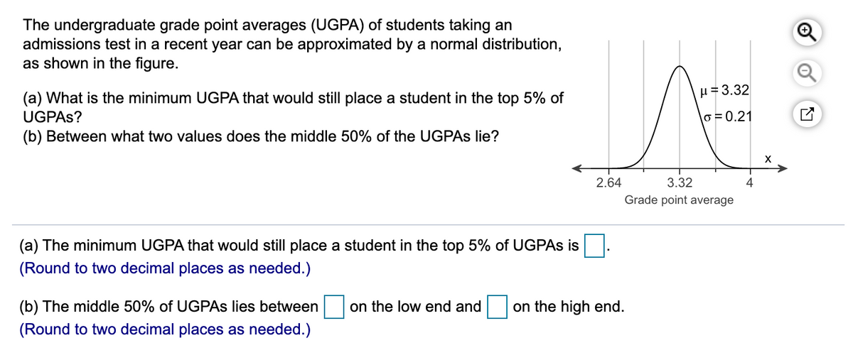 The undergraduate grade point averages (UGPA) of students taking an
admissions test in a recent year can be approximated by a normal distribution,
as shown in the figure.
u = 3.32
(a) What is the minimum UGPA that would still place a student in the top 5% of
UGPAS?
|o = 0.21
(b) Between what two values does the middle 50% of the UGPAS lie?
2.64
3.32
4
Grade point average
(a) The minimum UGPA that would still place a student in the top 5% of UGPAS is
(Round to two decimal places as needed.)
(b) The middle 50% of UGPAS lies between
on the low end and
on the high end.
(Round to two decimal places as needed.)
of
